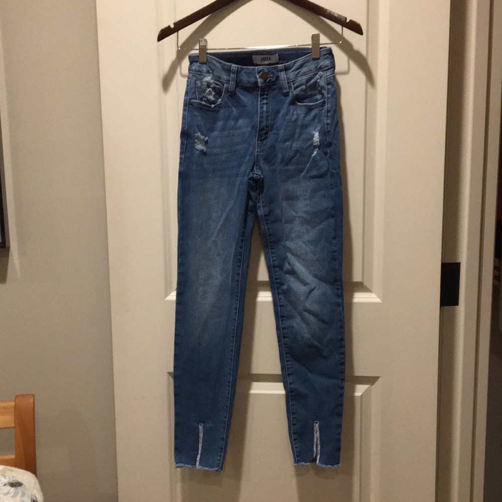 JBD distressed skinny denim jeans frayed slit hem rise 9” women size 24 stretch